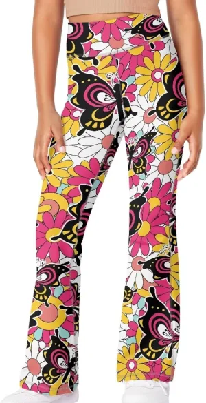 AmzPrint High Waist Flare Leggings Girls Solid Color Pink Yoga Flare Wide Leg Tummy Control Stretchy Pants
