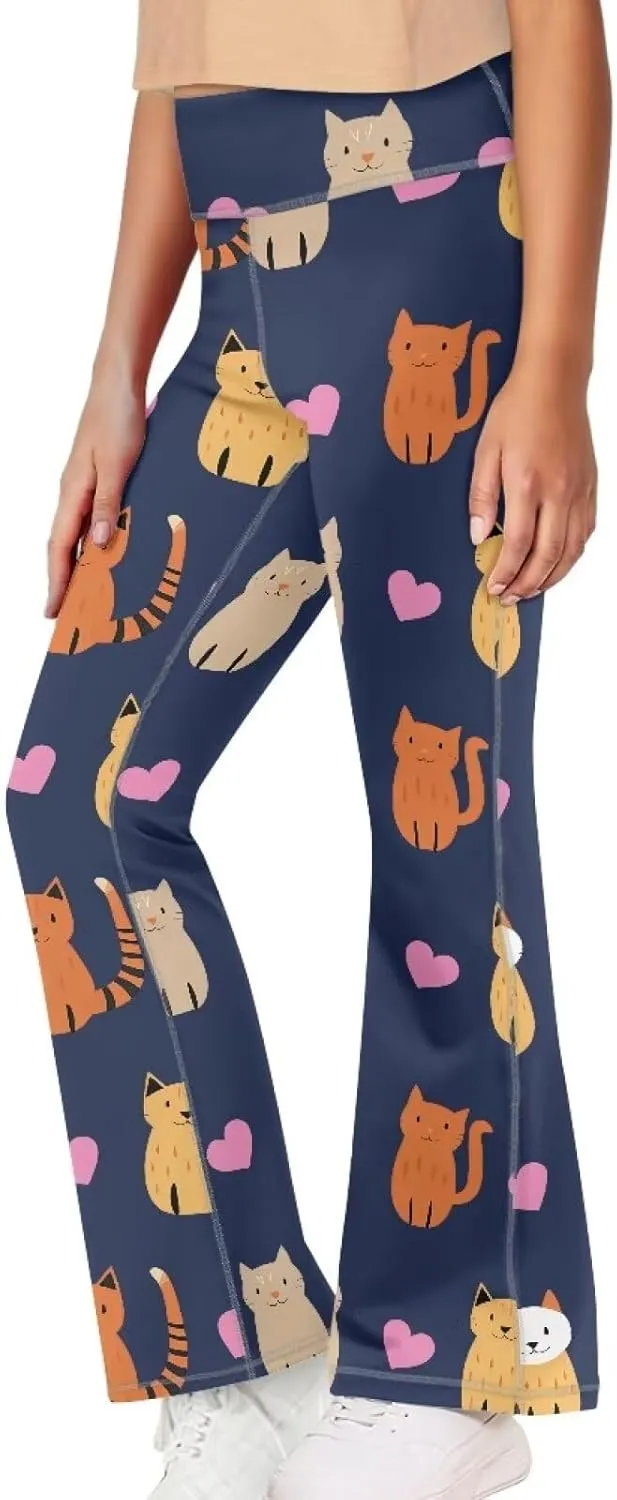 AmzPrint High Waist Flare Leggings Girls Solid Color Pink Yoga Flare Wide Leg Tummy Control Stretchy Pants