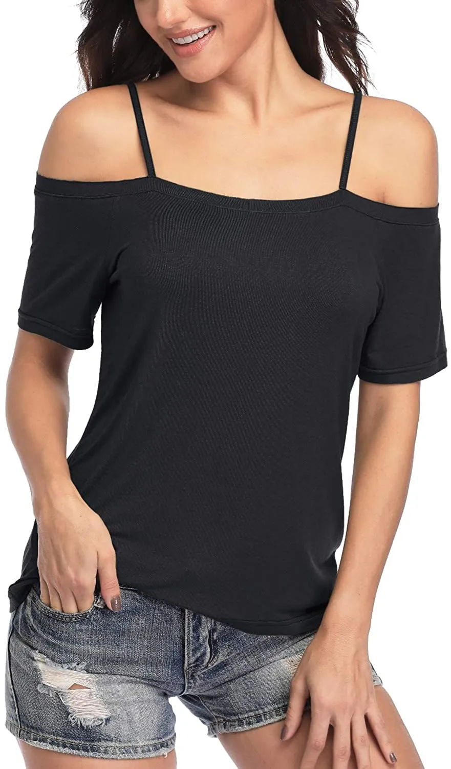 andy & natalie Women's Strappy Off Shoulder Top Cold Shoulder Blouse Cut-Out Shirts