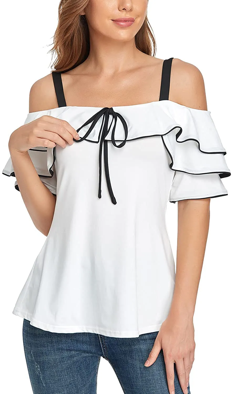 andy & natalie Women's Strappy Off Shoulder Top Cold Shoulder Blouse Cut-Out Shirts