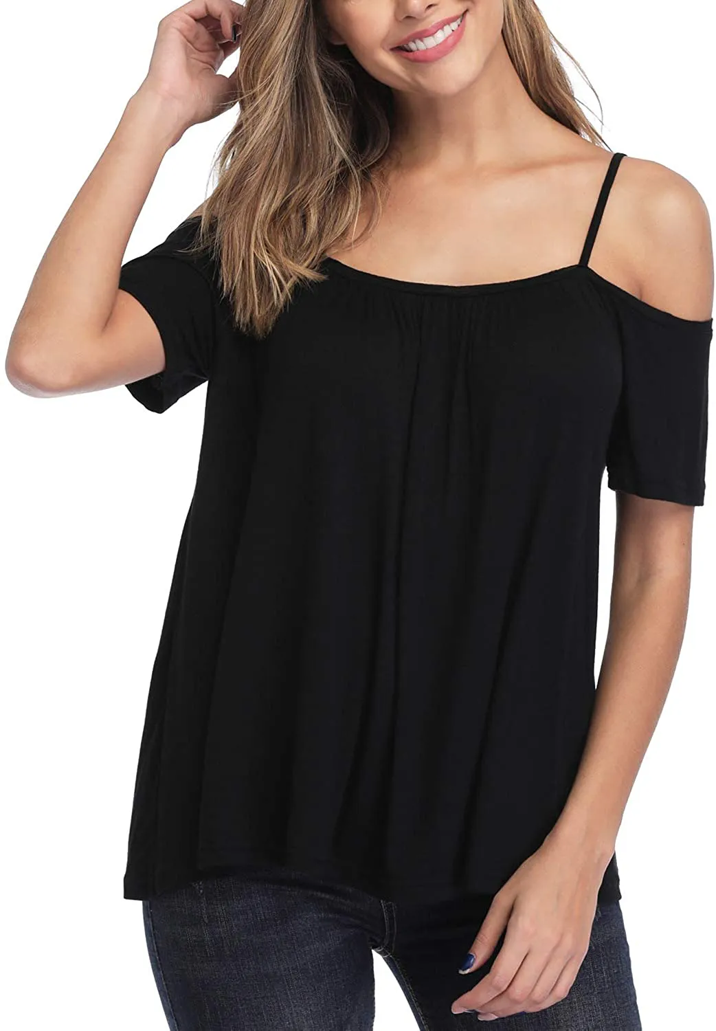 andy & natalie Women's Strappy Off Shoulder Top Cold Shoulder Blouse Cut-Out Shirts