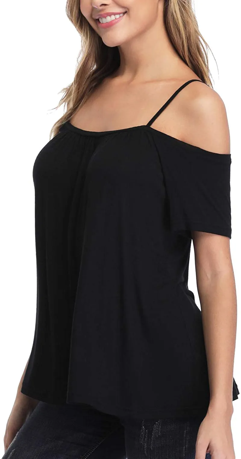 andy & natalie Women's Strappy Off Shoulder Top Cold Shoulder Blouse Cut-Out Shirts
