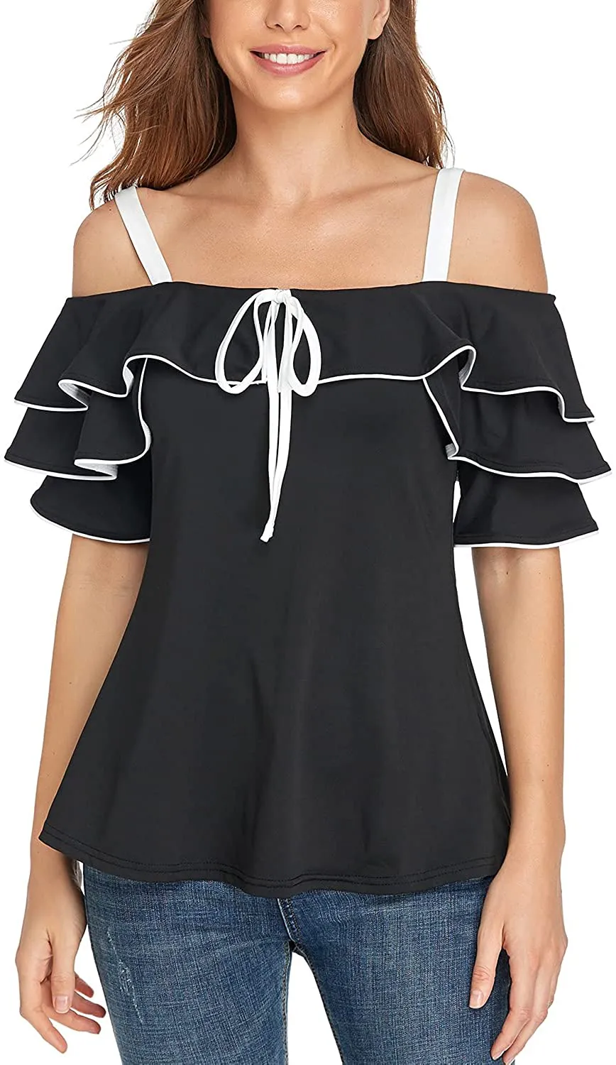 andy & natalie Women's Strappy Off Shoulder Top Cold Shoulder Blouse Cut-Out Shirts