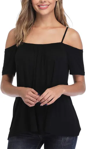 andy & natalie Women's Strappy Off Shoulder Top Cold Shoulder Blouse Cut-Out Shirts