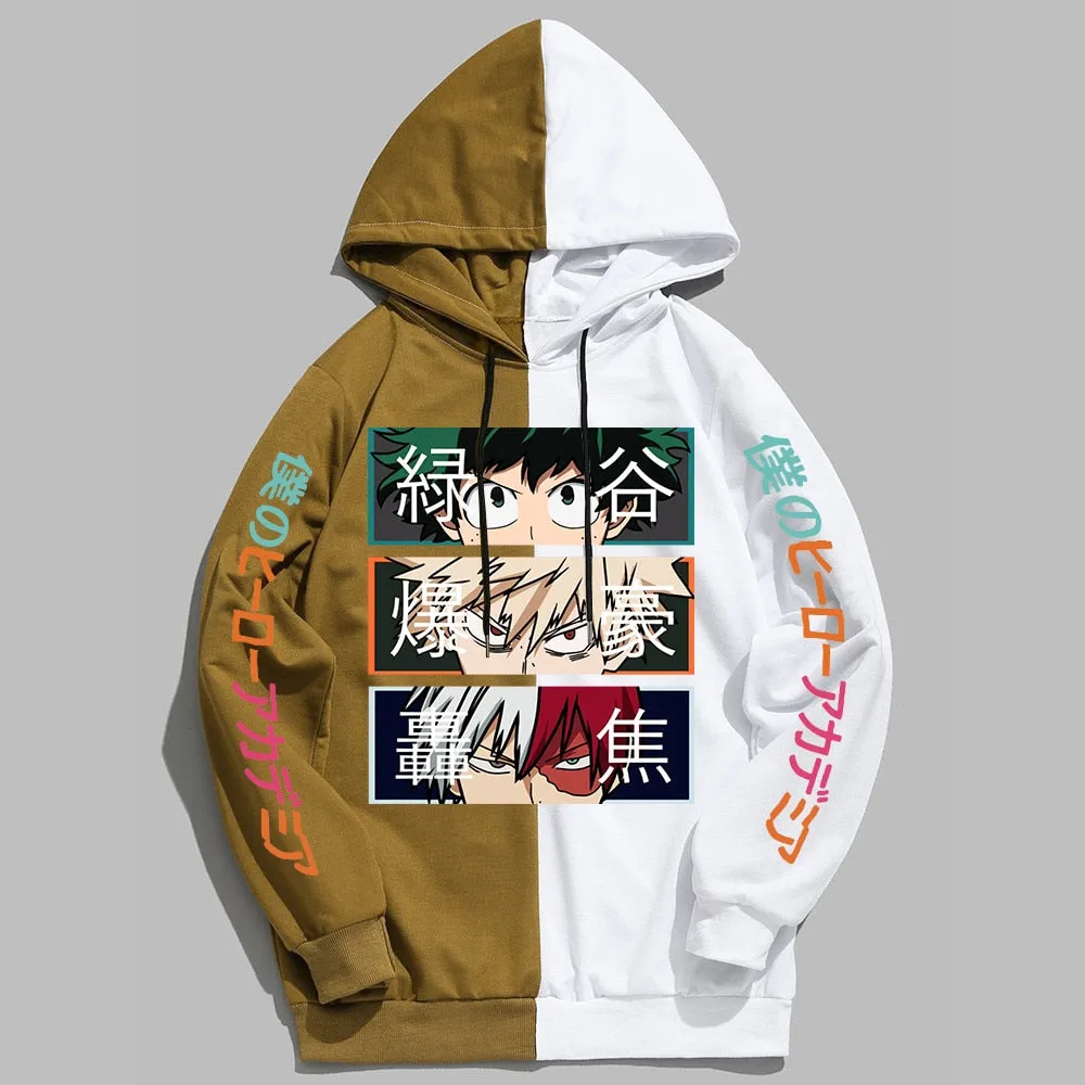 Anime My Hero Academia Hoodies Cool Shoto Todoroki Bakugou Deku Pullover Hooded Sweatshirt Patchwork Men&#39;s Long Sleeve Tops