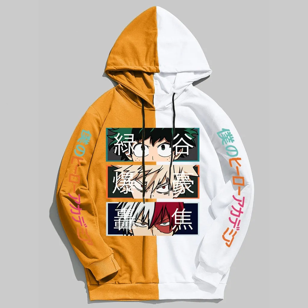 Anime My Hero Academia Hoodies Cool Shoto Todoroki Bakugou Deku Pullover Hooded Sweatshirt Patchwork Men&#39;s Long Sleeve Tops