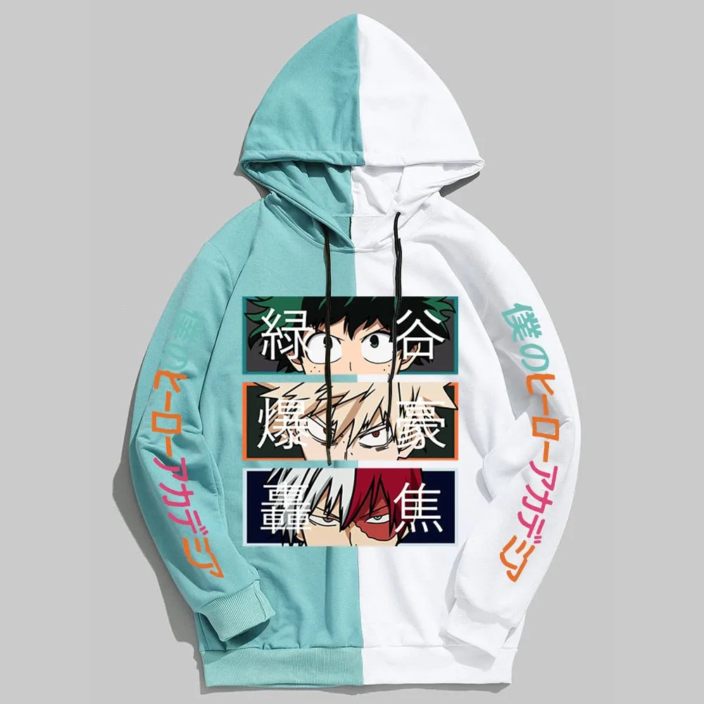 Anime My Hero Academia Hoodies Cool Shoto Todoroki Bakugou Deku Pullover Hooded Sweatshirt Patchwork Men&#39;s Long Sleeve Tops