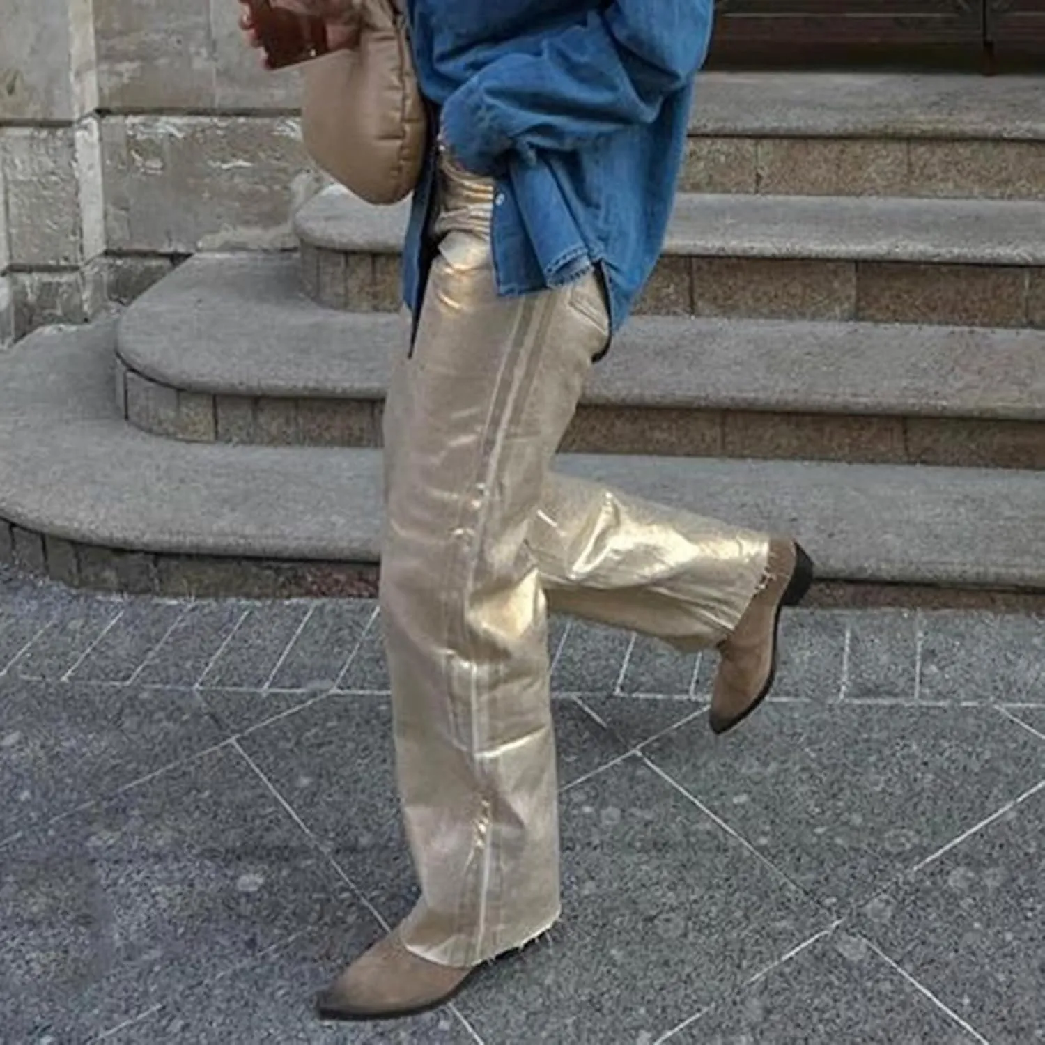 Aonoapll Shiny Metallic Jeans for Women Straight Wide Leg Denim Pants Sparkling Y2k Disco Trousers Clubwear