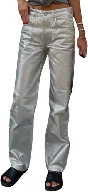 Aonoapll Shiny Metallic Jeans for Women Straight Wide Leg Denim Pants Sparkling Y2k Disco Trousers Clubwear