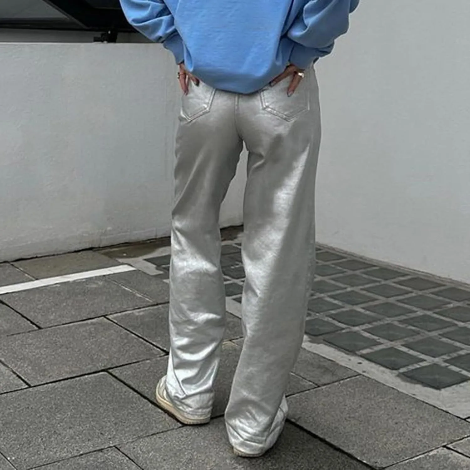 Aonoapll Shiny Metallic Jeans for Women Straight Wide Leg Denim Pants Sparkling Y2k Disco Trousers Clubwear