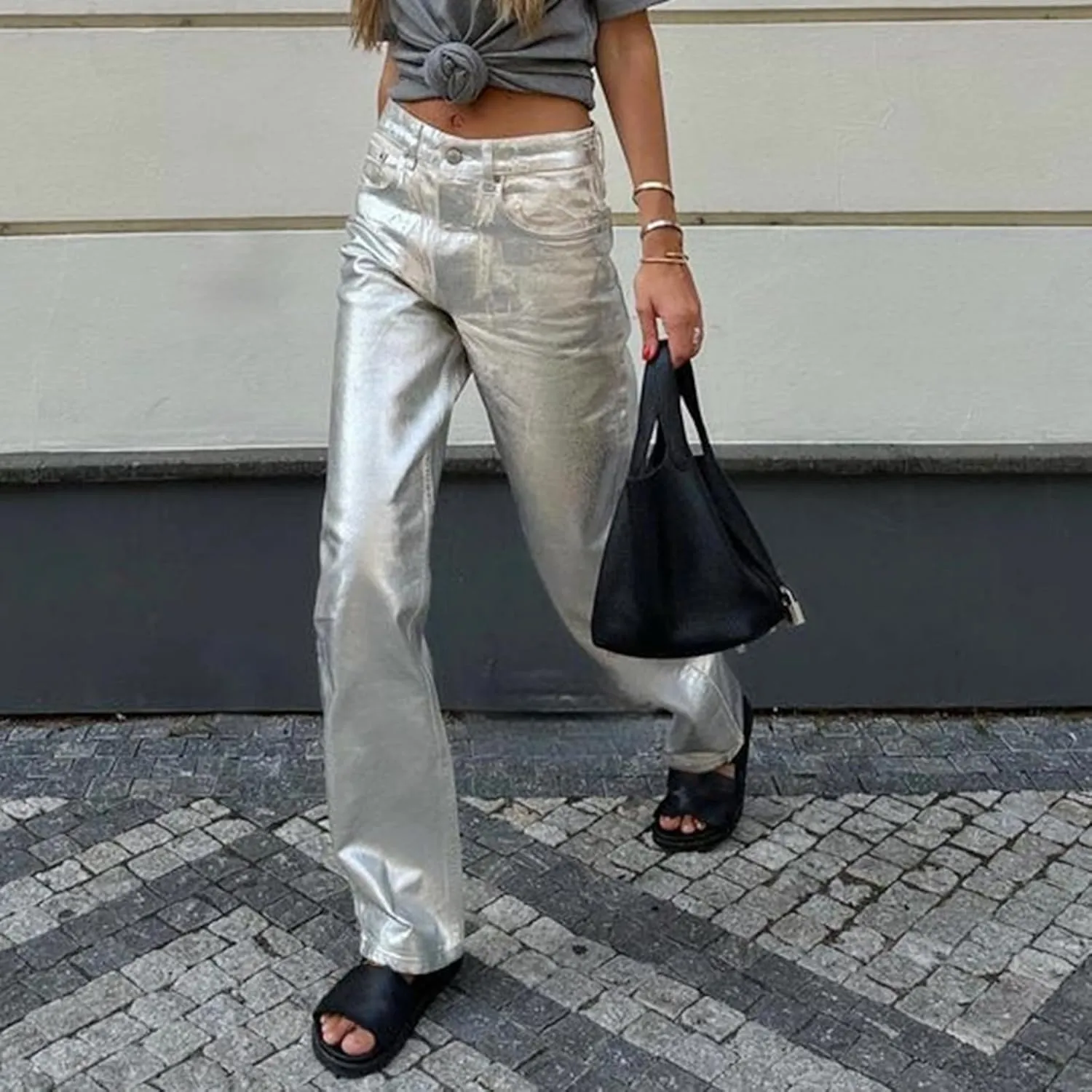 Aonoapll Shiny Metallic Jeans for Women Straight Wide Leg Denim Pants Sparkling Y2k Disco Trousers Clubwear