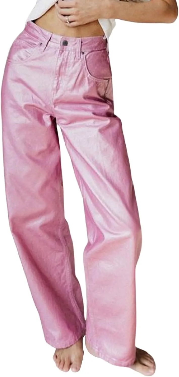 Aonoapll Shiny Metallic Jeans for Women Straight Wide Leg Denim Pants Sparkling Y2k Disco Trousers Clubwear