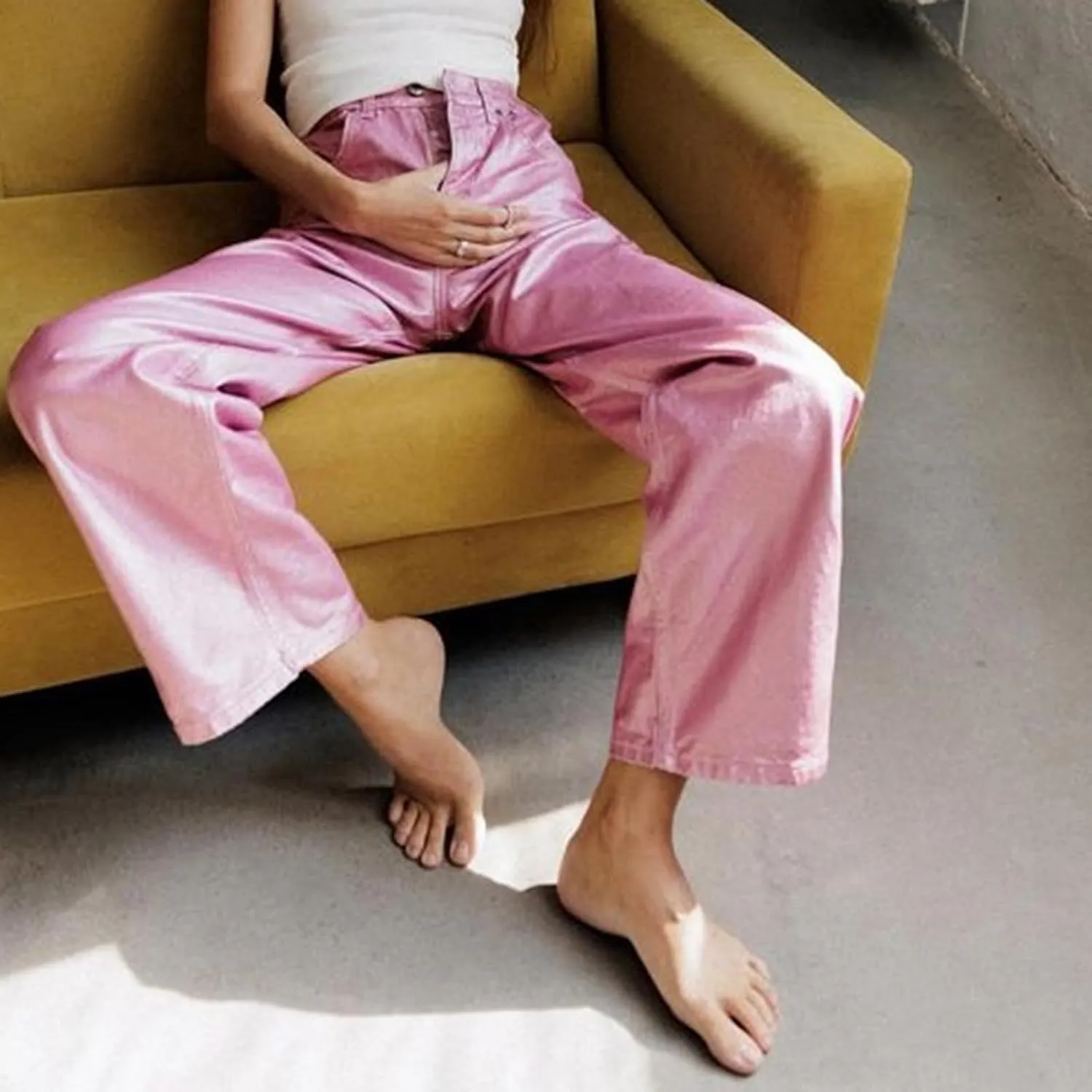 Aonoapll Shiny Metallic Jeans for Women Straight Wide Leg Denim Pants Sparkling Y2k Disco Trousers Clubwear