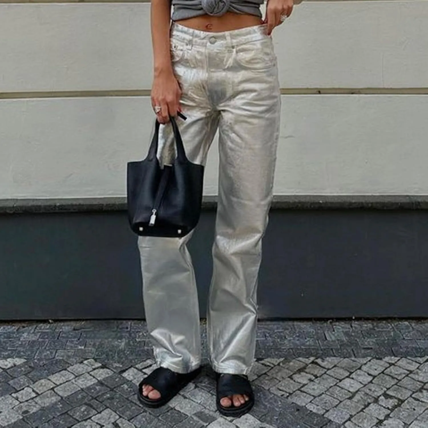 Aonoapll Shiny Metallic Jeans for Women Straight Wide Leg Denim Pants Sparkling Y2k Disco Trousers Clubwear