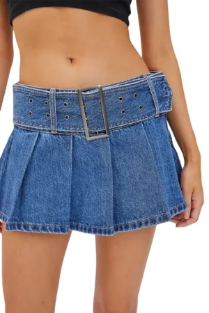 Apparel- Cello Low Waisted Pleated Denim Mini Skirt With Belt