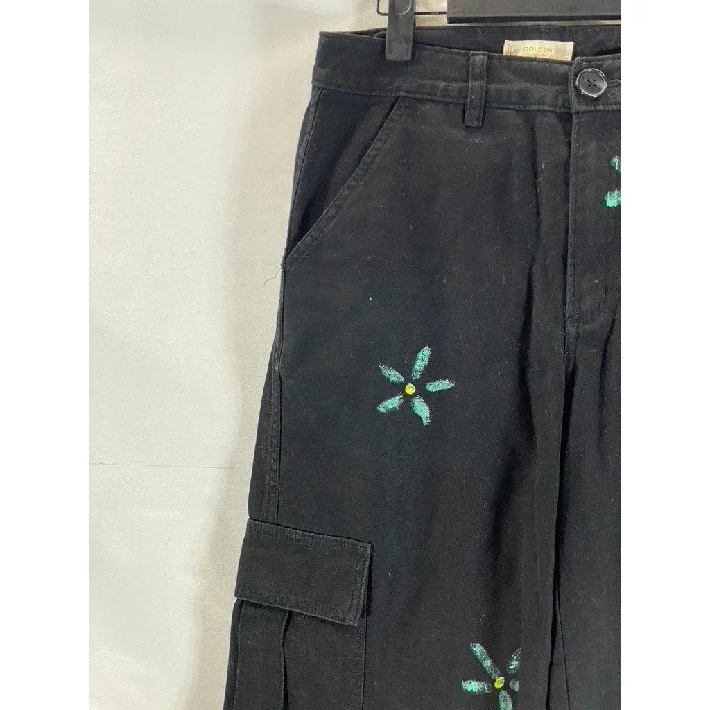 ARITZIA GOLDEN BY TNA Women's Black/Blue Floral Embroidered Cargo Pants SZ 6
