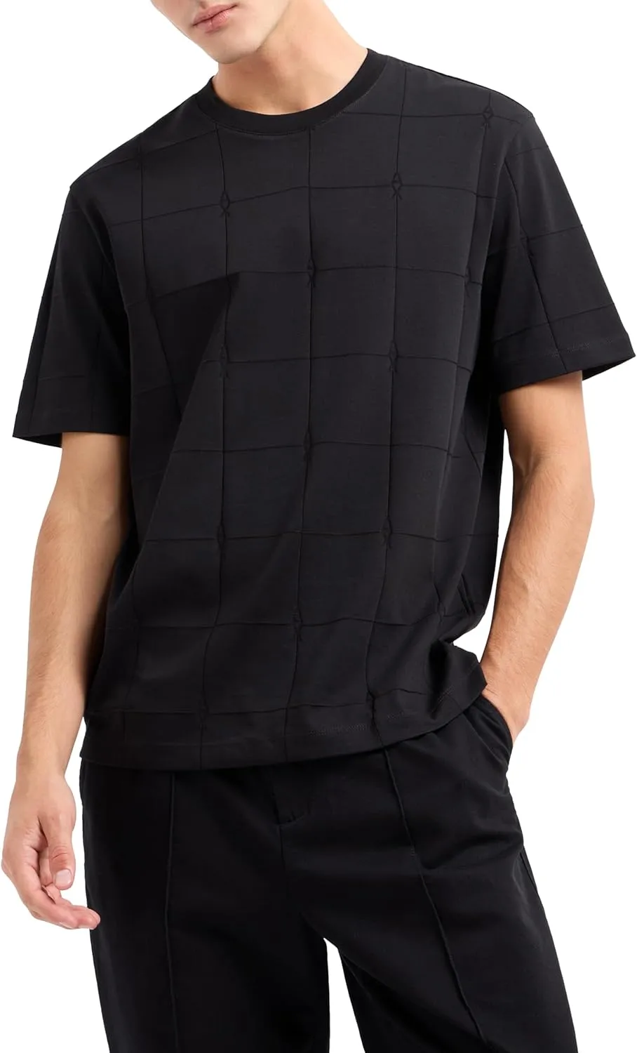 Armani Exchange Men's Jacquard Grid with Vertical Stacked Ax Logos Oversized Fit Tee