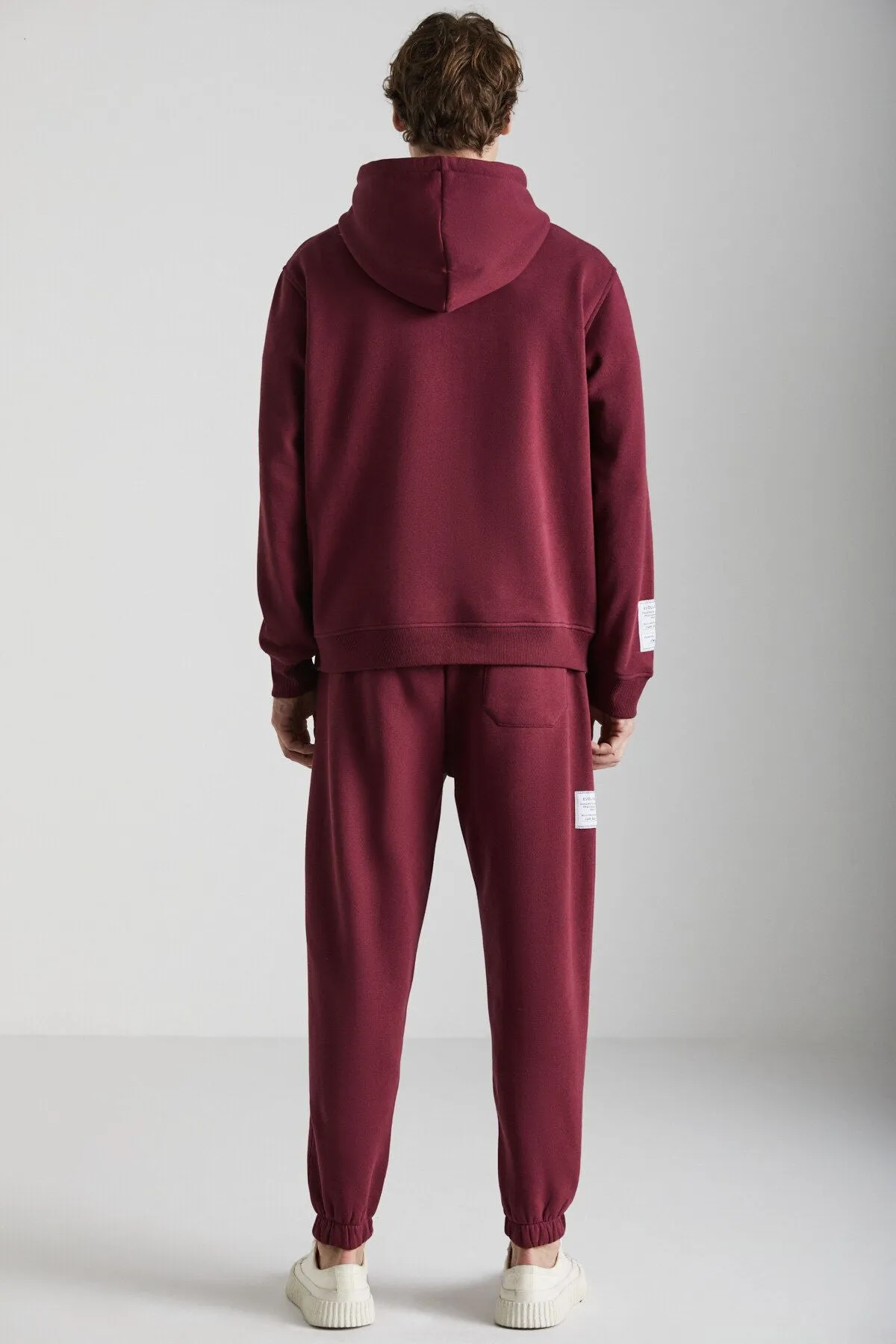 Ashbourne Men's Oversize Kangaroo Pocket Arm Label Detailed Organic Cotton Bordeaux Tracksuit Set