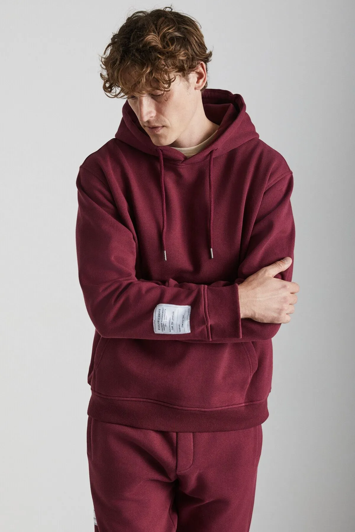 Ashbourne Men's Oversize Kangaroo Pocket Arm Label Detailed Organic Cotton Bordeaux Tracksuit Set