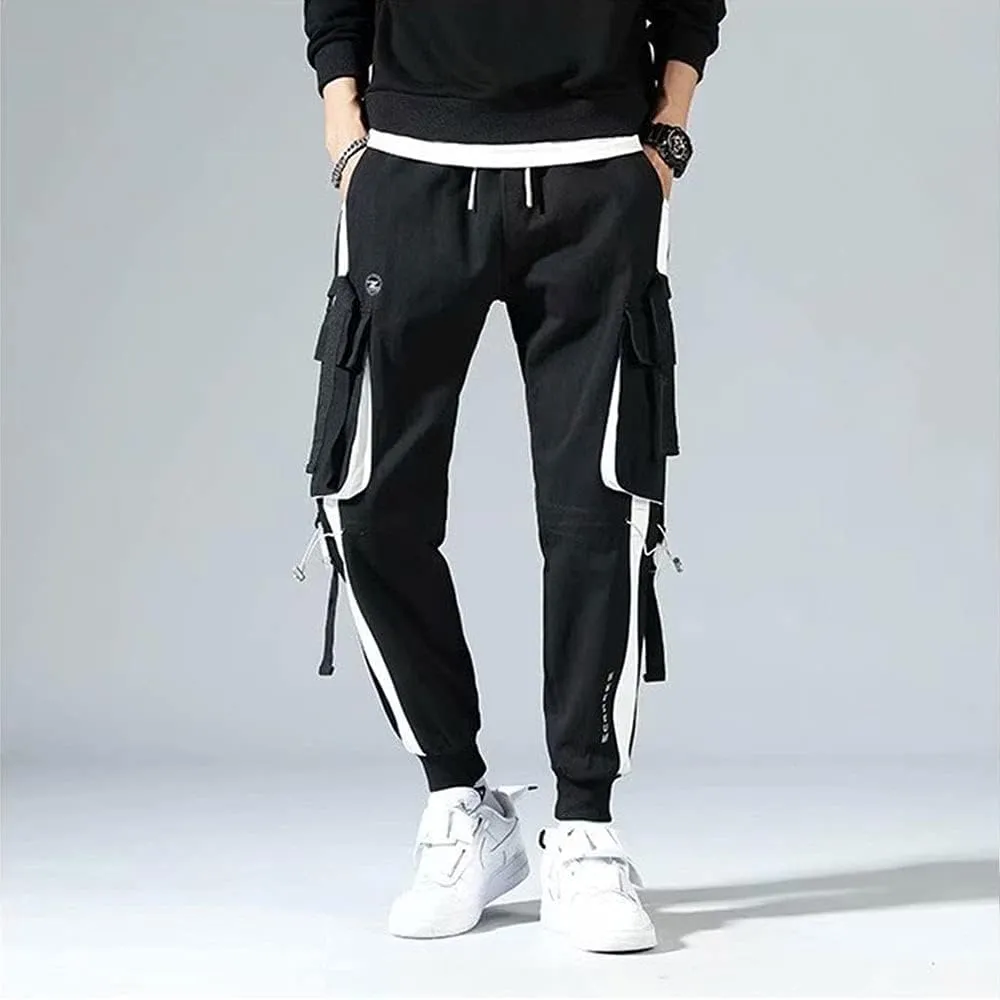 Astellarie Mens Casual Jogger Elastic Waist Pants Streetwear Hip Hop Cargo Pants with Multi Pockets