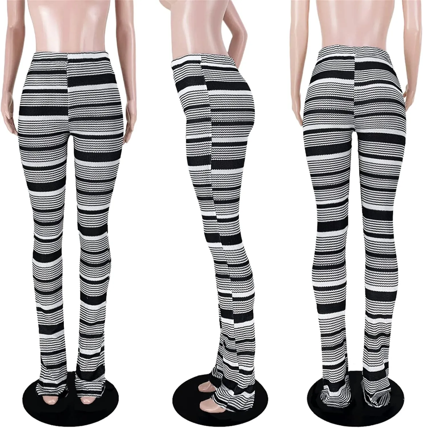 Atyfuniby Stacked Pants for Women - High Waisted Knitted Splice Striped Sweatpants Club Streetwear