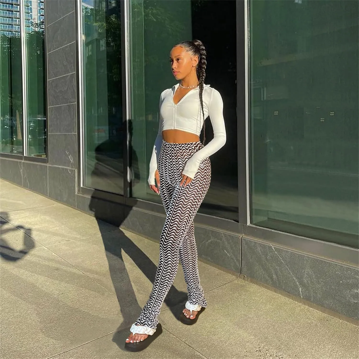 Atyfuniby Stacked Pants for Women - High Waisted Knitted Splice Striped Sweatpants Club Streetwear