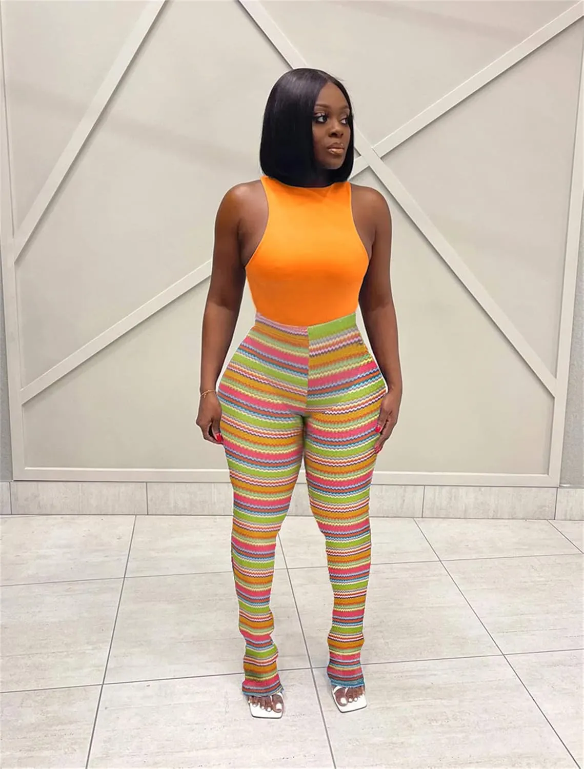 Atyfuniby Stacked Pants for Women - High Waisted Knitted Splice Striped Sweatpants Club Streetwear