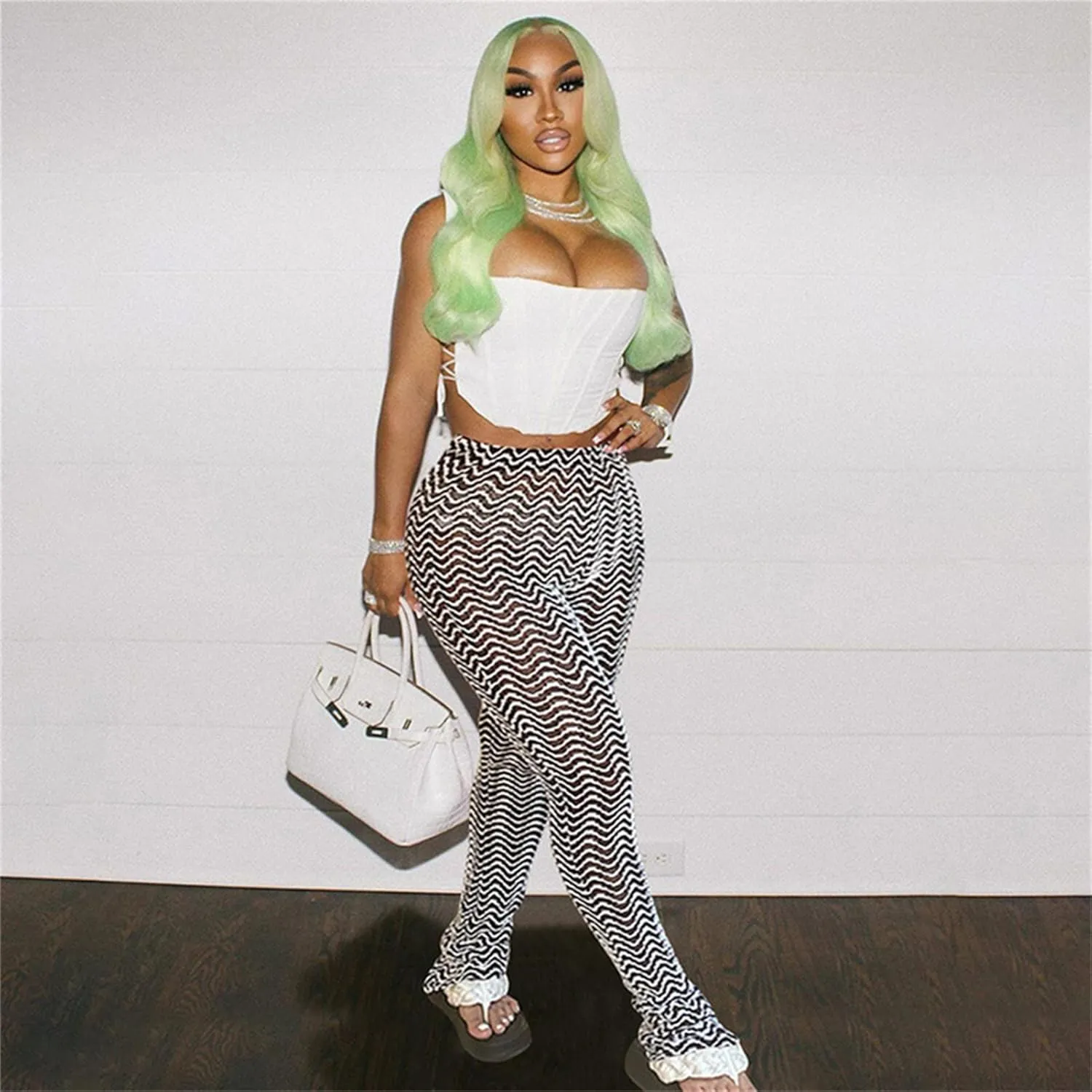 Atyfuniby Stacked Pants for Women - High Waisted Knitted Splice Striped Sweatpants Club Streetwear