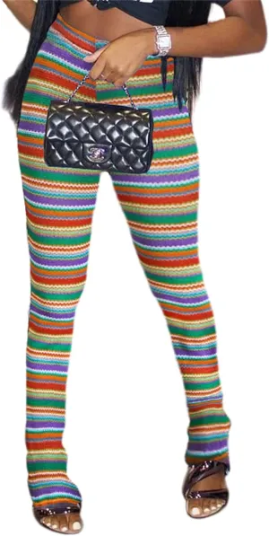 Atyfuniby Stacked Pants for Women - High Waisted Knitted Splice Striped Sweatpants Club Streetwear