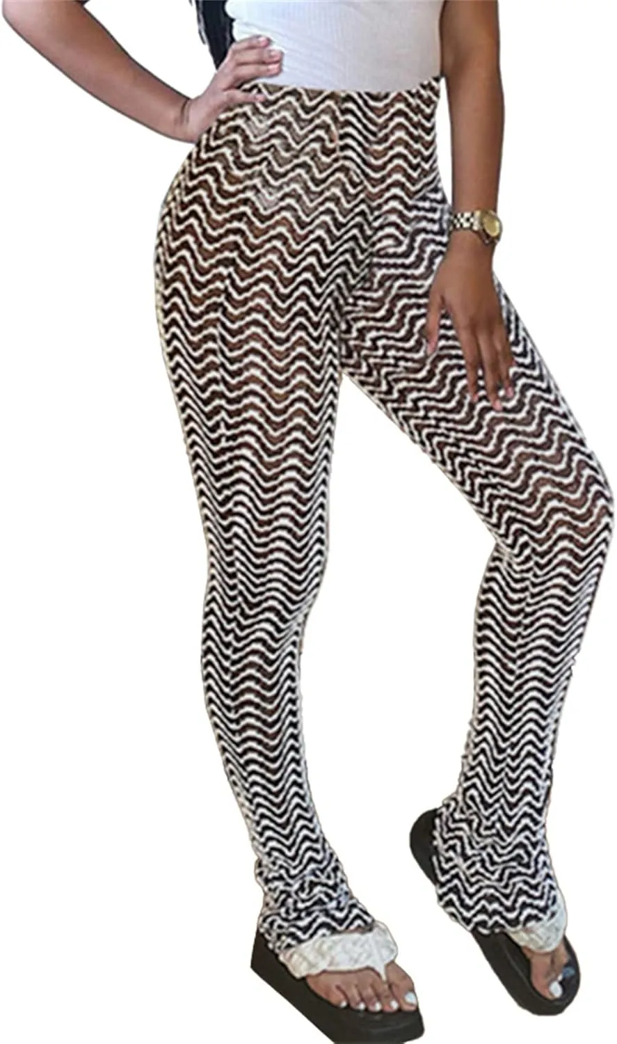 Atyfuniby Stacked Pants for Women - High Waisted Knitted Splice Striped Sweatpants Club Streetwear