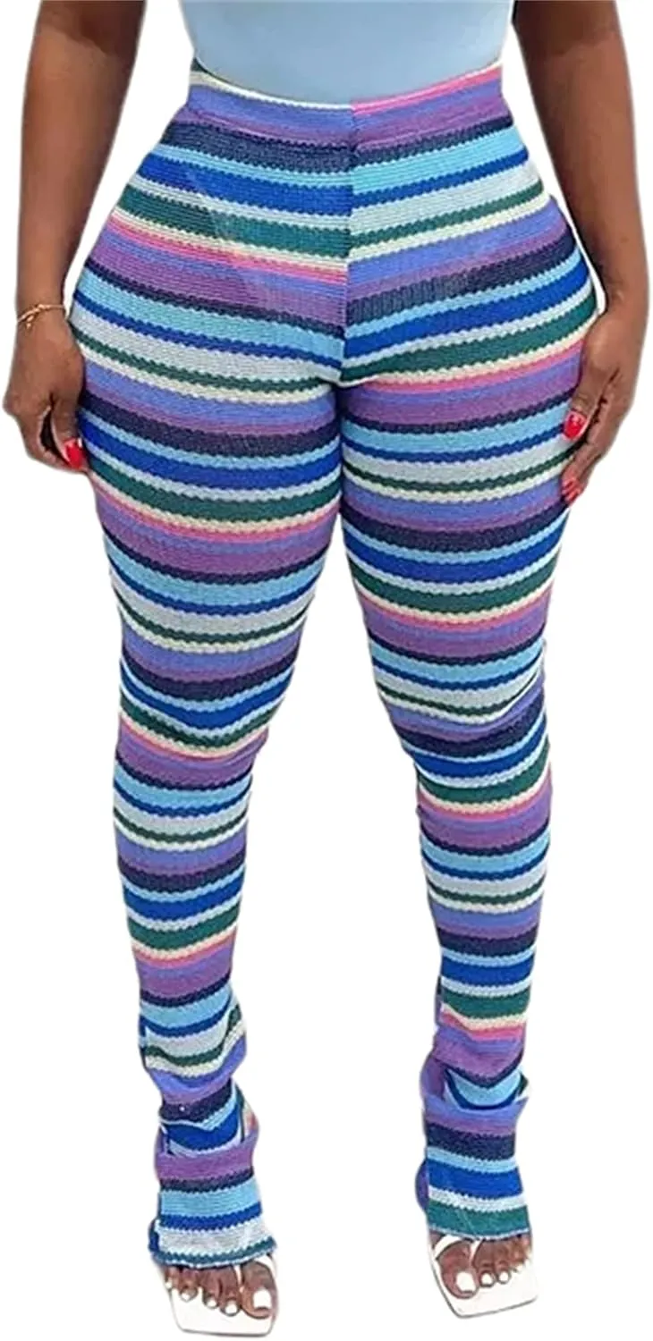 Atyfuniby Stacked Pants for Women - High Waisted Knitted Splice Striped Sweatpants Club Streetwear