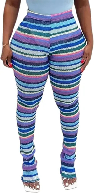 Atyfuniby Stacked Pants for Women - High Waisted Knitted Splice Striped Sweatpants Club Streetwear