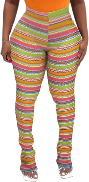 Atyfuniby Stacked Pants for Women - High Waisted Knitted Splice Striped Sweatpants Club Streetwear