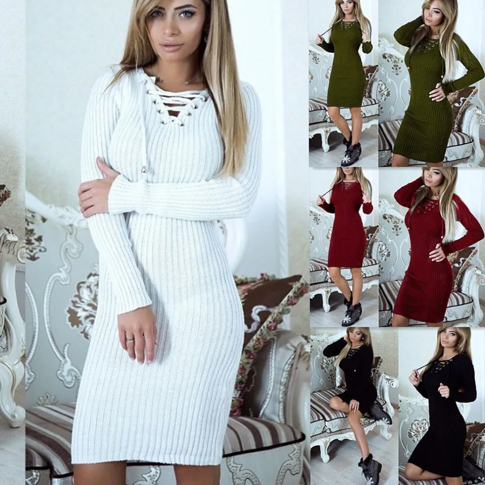 Autumn Winter Sweater Dress Women V Neck Long Sleeve Knit Bodycon