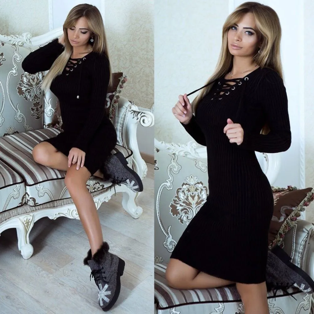 Autumn Winter Sweater Dress Women V Neck Long Sleeve Knit Bodycon