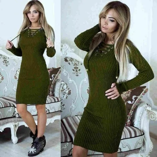 Autumn Winter Sweater Dress Women V Neck Long Sleeve Knit Bodycon
