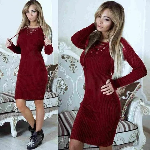 Autumn Winter Sweater Dress Women V Neck Long Sleeve Knit Bodycon