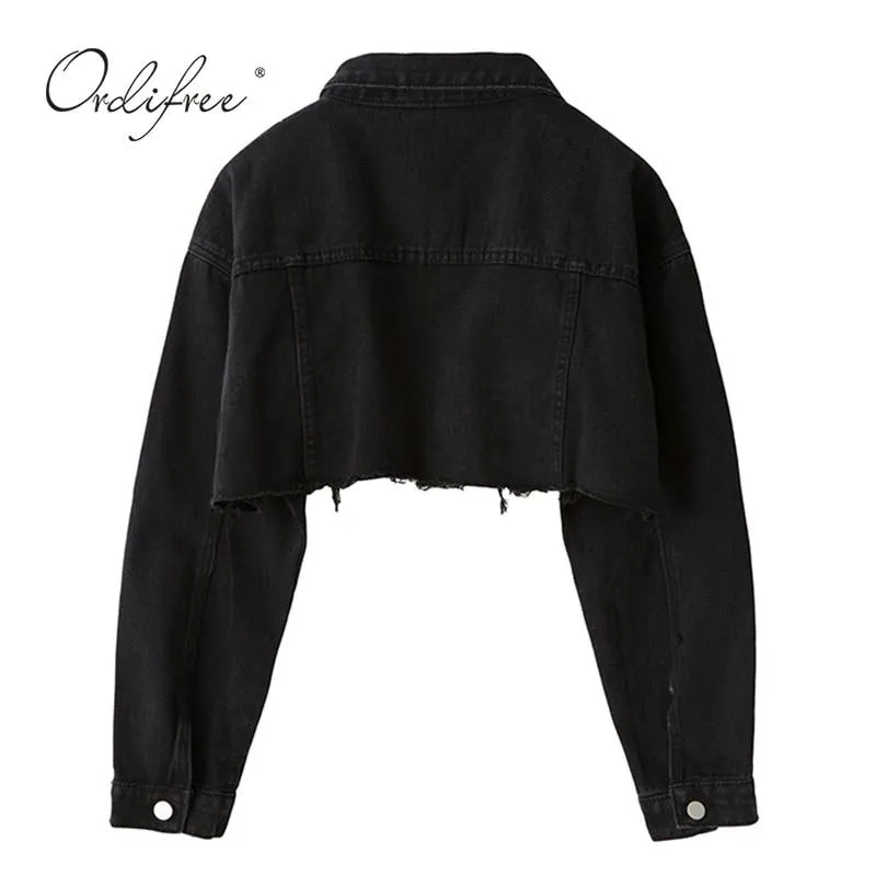 Autumn Women Denim Jacket Long Sleeve Fashion Streetwear Casual Loose Outwear Short Ripped Jeans Jacket Coat
