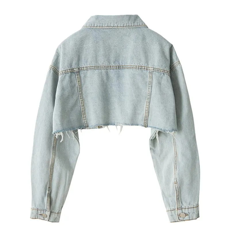 Autumn Women Denim Jacket Long Sleeve Fashion Streetwear Casual Loose Outwear Short Ripped Jeans Jacket Coat