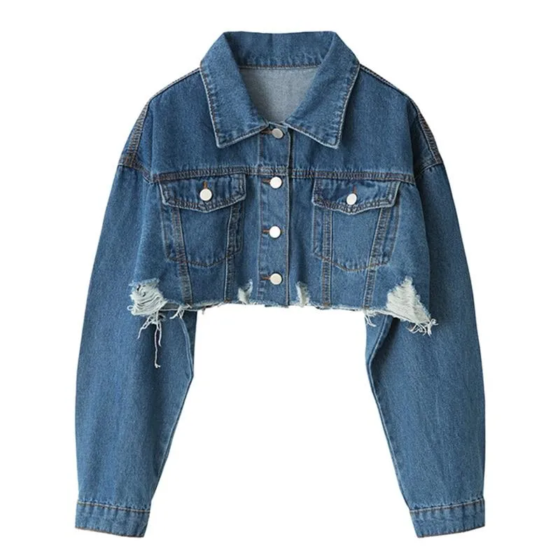 Autumn Women Denim Jacket Long Sleeve Fashion Streetwear Casual Loose Outwear Short Ripped Jeans Jacket Coat