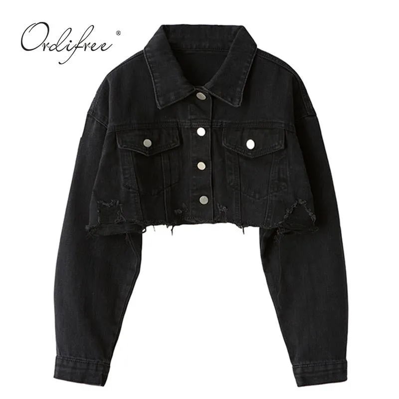 Autumn Women Denim Jacket Long Sleeve Fashion Streetwear Casual Loose Outwear Short Ripped Jeans Jacket Coat