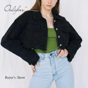 Autumn Women Denim Jacket Long Sleeve Fashion Streetwear Casual Loose Outwear Short Ripped Jeans Jacket Coat