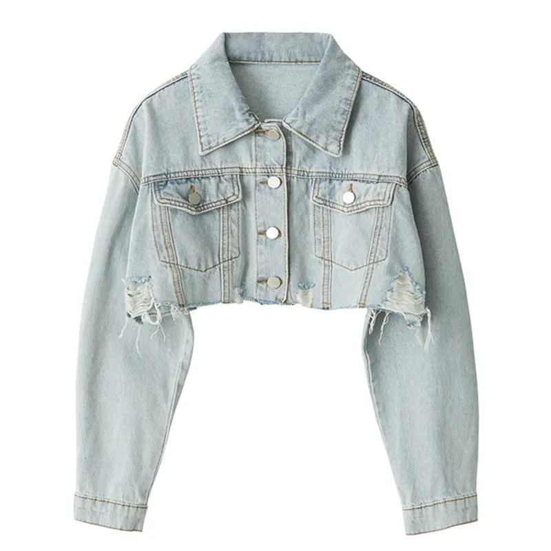 Autumn Women Denim Jacket Long Sleeve Fashion Streetwear Casual Loose Outwear Short Ripped Jeans Jacket Coat