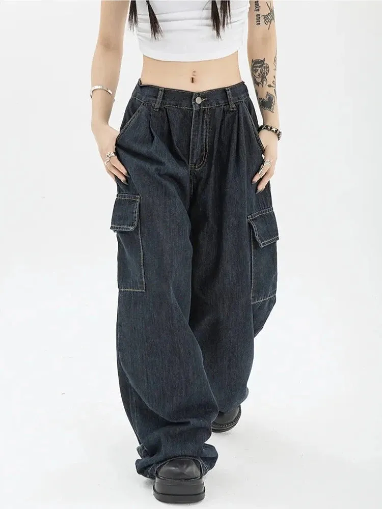 Autumn Women Harajuku Cargo Baggy Blue Jeans Streetwear Hip Hop Oversize Casual Wide Leg Vintage Demin Pants Y2k Loose Trousers