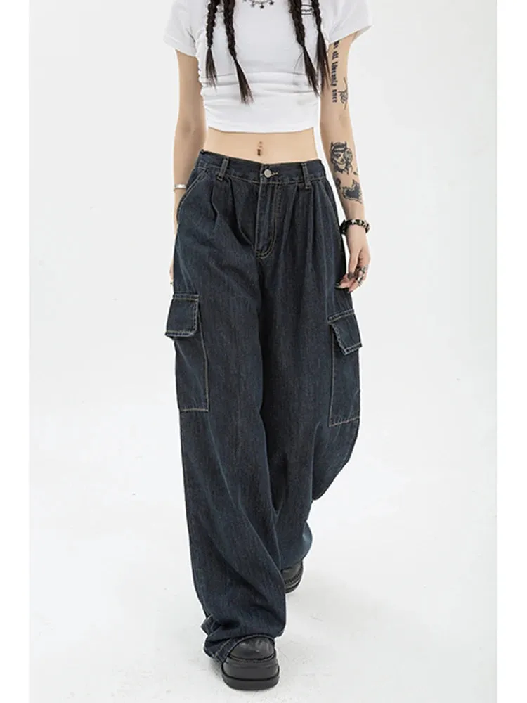 Autumn Women Harajuku Cargo Baggy Blue Jeans Streetwear Hip Hop Oversize Casual Wide Leg Vintage Demin Pants Y2k Loose Trousers
