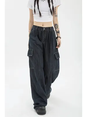 Autumn Women Harajuku Cargo Baggy Blue Jeans Streetwear Hip Hop Oversize Casual Wide Leg Vintage Demin Pants Y2k Loose Trousers
