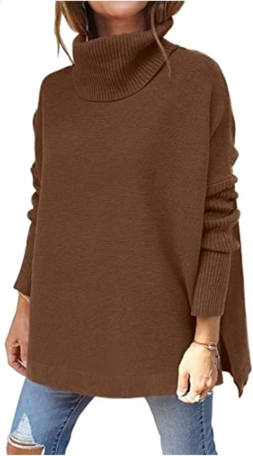 Autumn Women's Turtleneck Oversized Sweater mid-Length Batwing Sleeve Hem Pullover Sweater