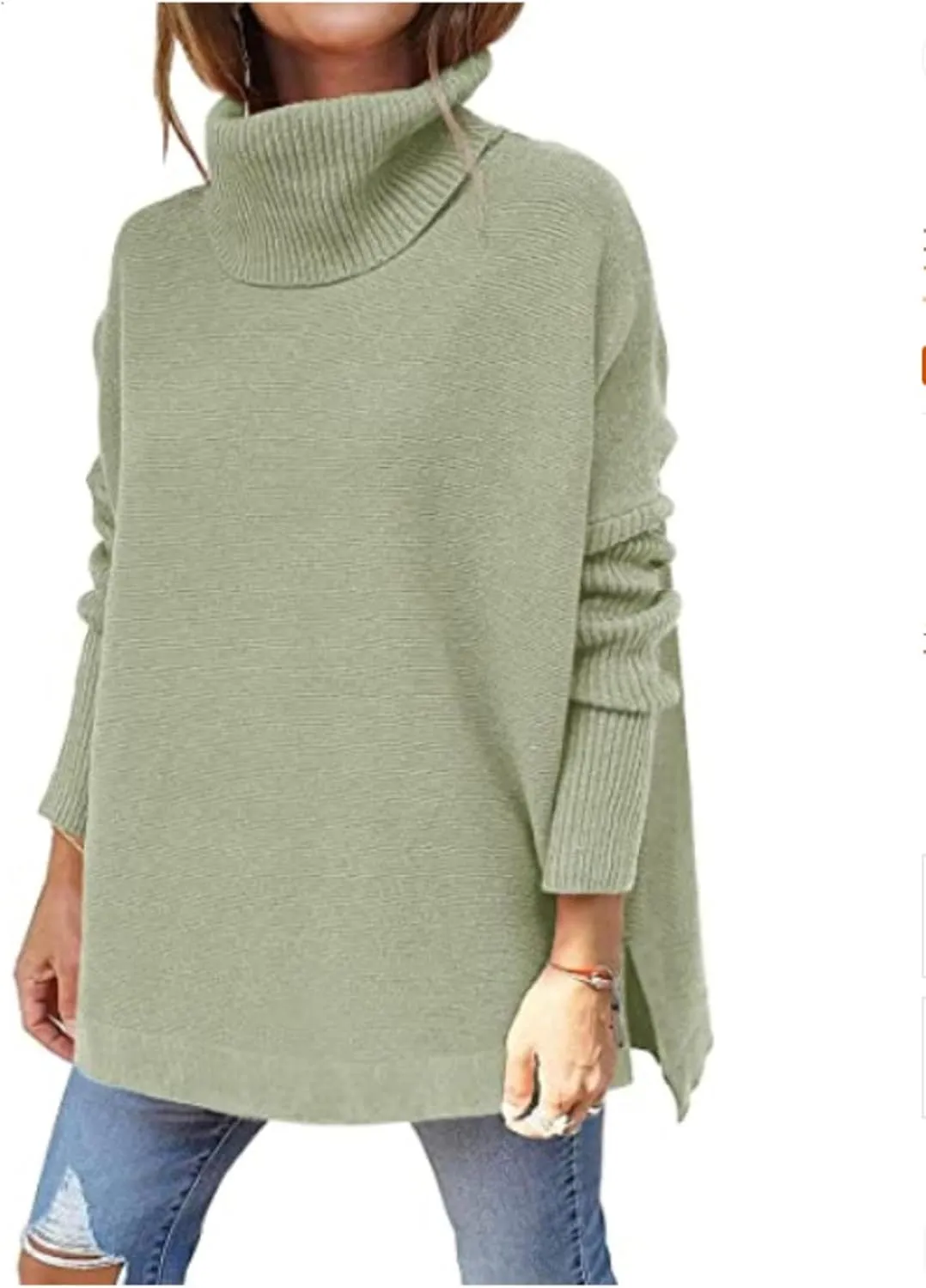 Autumn Women's Turtleneck Oversized Sweater mid-Length Batwing Sleeve Hem Pullover Sweater