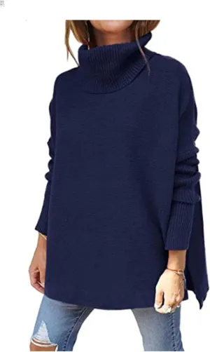 Autumn Women's Turtleneck Oversized Sweater mid-Length Batwing Sleeve Hem Pullover Sweater