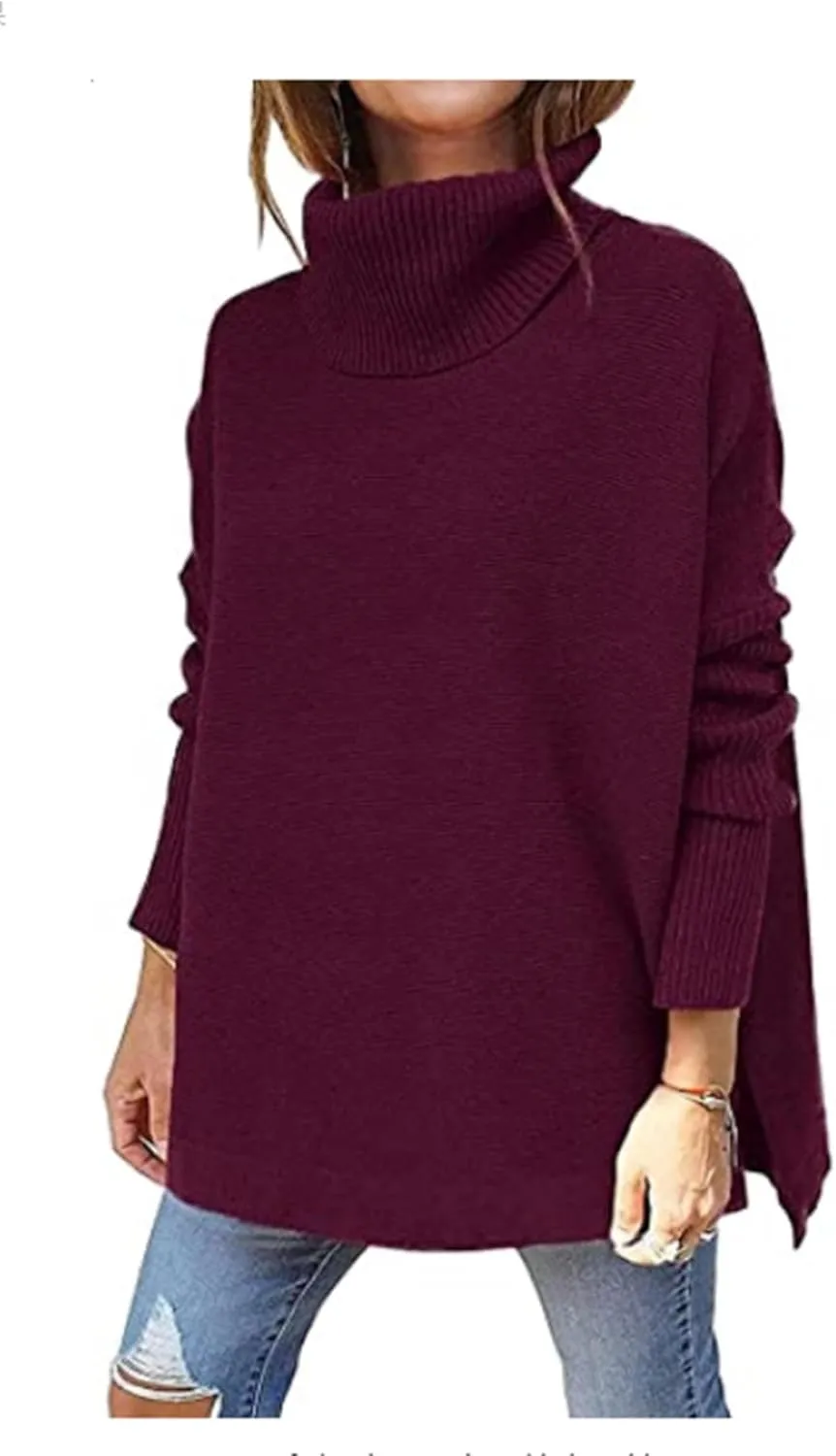Autumn Women's Turtleneck Oversized Sweater mid-Length Batwing Sleeve Hem Pullover Sweater